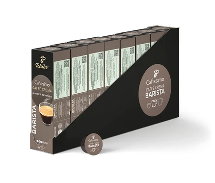 Rząd opakowań kapsułek do kawy Cafissimo BARISTA Caffè Crema.
