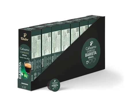 Rząd opakowań kapsułek Espresso Brasil.